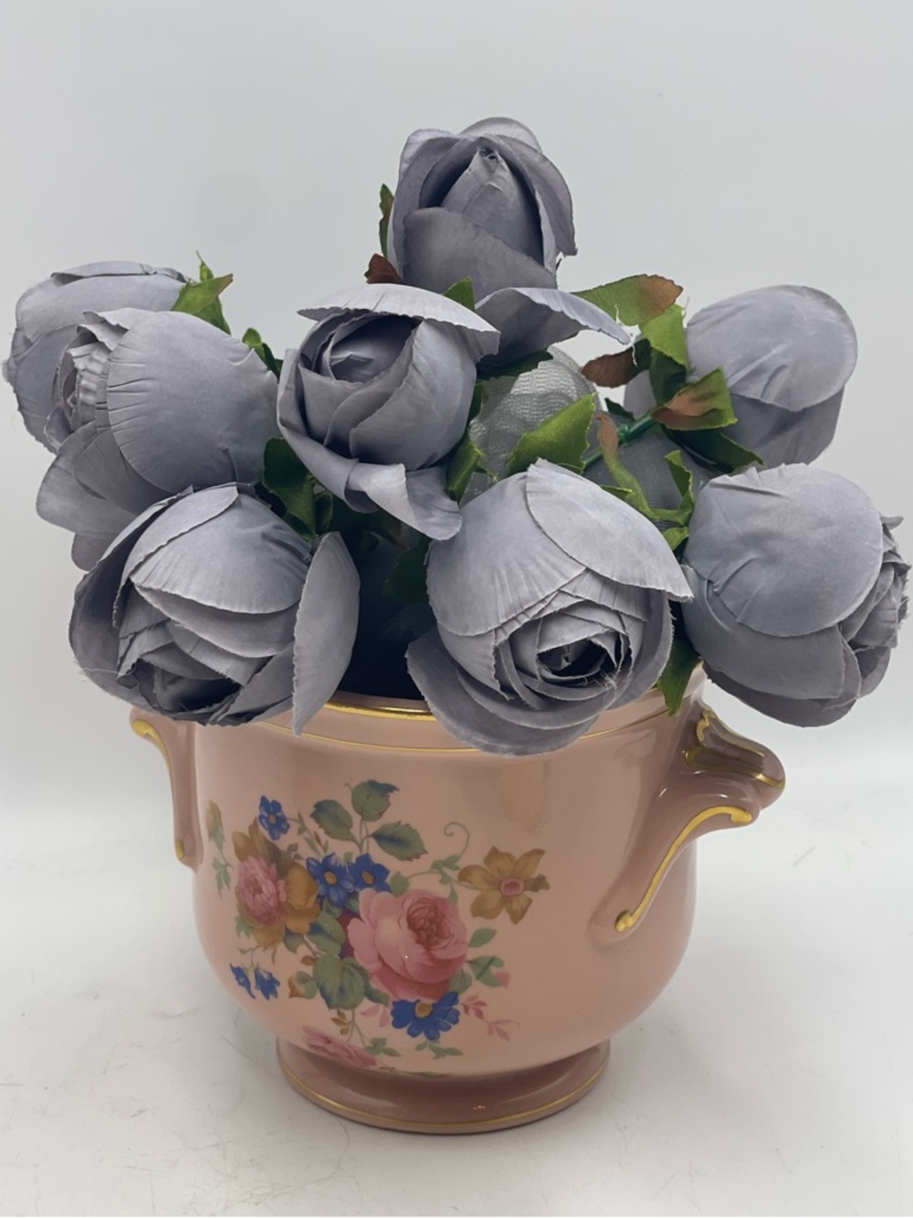 5” Pink Jardinière Porcelain Hand Painted Cachepot Planter w/ Roses & Gold Trim